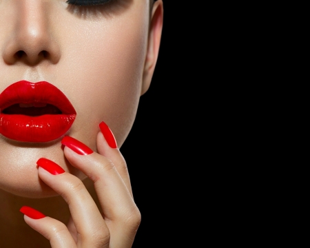 Beauty - girl, beauty, manicure, black, lips, hand, red, woman, model, face, anna subbotina