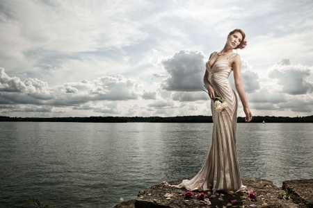 Beauty - woman, sky, cloud, girl, water, model, flower, dress