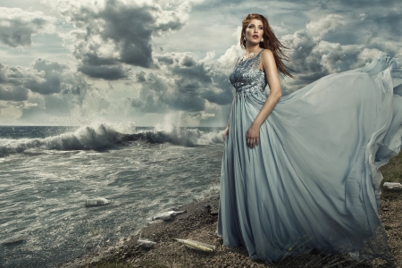 Beauty - woman, sky, girl, water, wind, model, cloud, blue, sea, dress