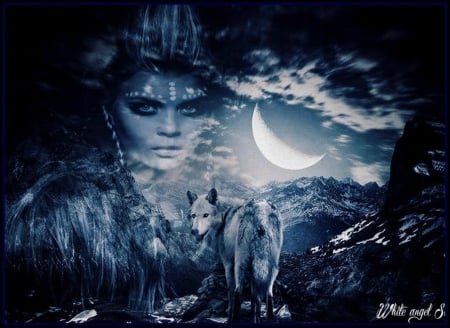 wolf lady - woman, face, wolf, blue, fantasy