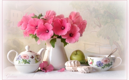 FLOWERS AND FRUIT - vase, leaves, petals, fruit