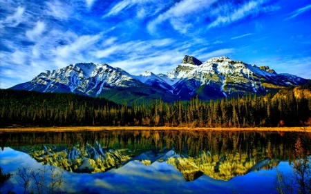 Mountain Peaks With Snow - mountain, trees, landscape, pine, water, blue sky, peaks, nature, peaceful lake, reflection, clouds