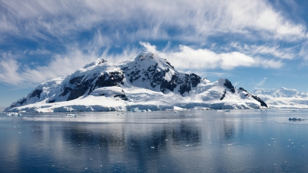 Snowy Mountain - ice, sky, ocean, mountain, clouds, snow, water, snowy