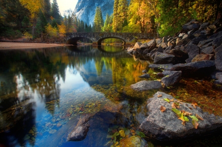 Yosemite bridge across the Merced river - autumn, mountain, rocks, serenity, reflections, fall, yosemite, forest, tranquil, river, beautiful, merced, stones, bridge