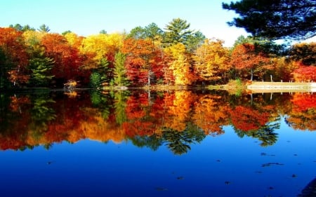 Autumn  Lake - shadow, sky, reflection, river, orange, trees, nature, colors, autumn