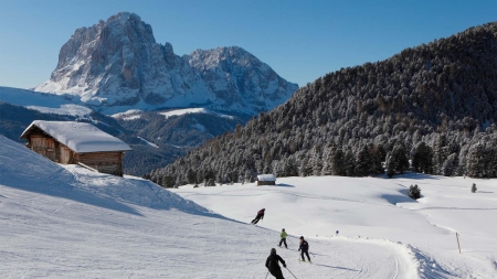 Groeden, Val Gardena, Italy - people, snow, south tyrol, alps, cabin, mountains