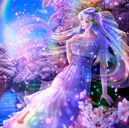 Dream of Spring - pretty, elegant, magic, female, blossom, scene, dress, spring, magical, long hair, gorgeous, takaki, nice, water, beautiful, girl, beauty, lovely, sweet, flower, petals, fantasy