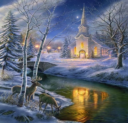 Beautiful christmas - peaceful, light, colorful, winter, lovely, deer, christmas, spirit, church, beautiful, river, color, lights