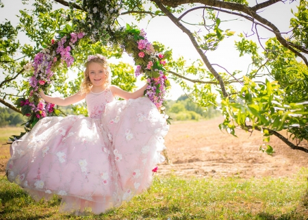 little girl - princess, people, hair, white, face, childhood, grass, little, adorable, wallpaper, child, set, nature, beautiful, pink, sweet, nice, beauty, sky, photography, pretty, baby, green, swing, tree, cute, kid, girl, lovely, pure, play, desktopnexus, blonde, flower