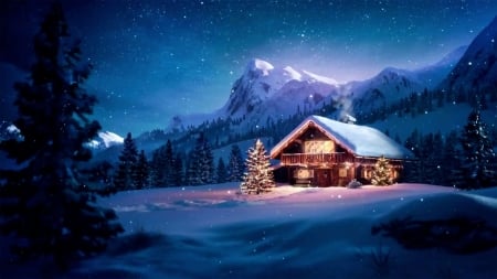 Christmas in the Mountains - firs, cabin, landscape, snow