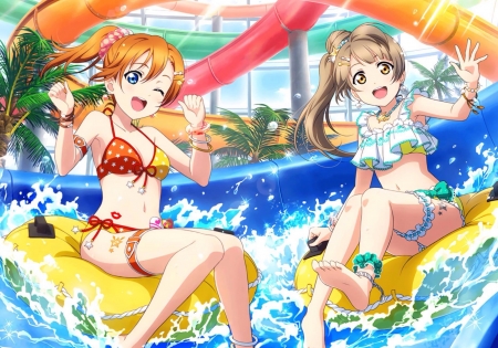 Honoka and Kotori - Cute, Bikini, Pool, Female, Anime girls, Swimsuit, Love live, Kawaii, Anime, Kotori Minami, Love Live school idol project, Water, Honoka Kousaka, Cute anime girls