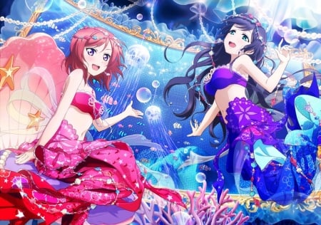 Maki and Nozomi - love live school idol project, anime girls, female, love live, nozomi tojo, beautiful anime art, beautiful girls, kawaii, beautiful, anime, mermaids, cute, maki nishikino