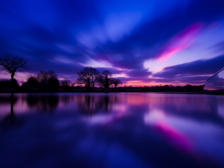 Evening Dress - village, river, trees, sunset, nature, evening, reflection