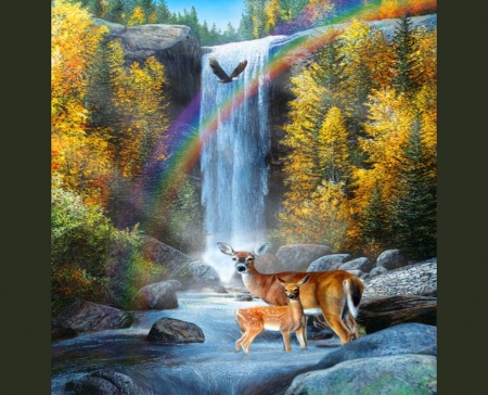 Forest home - fawn, forest, deer, falls