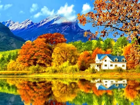 Autumn Beauty - nature, autumn, lake, trees, mountain, forest, reflection, house