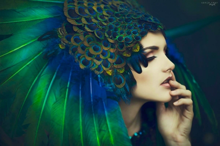 Peacock Beauty - woman, girl, feathers, photography, fantasy, peacock, face, art, pretty, beautiful