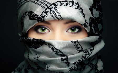 Beauty - black, beauty, model, scarf, girl, eyes, white, woman, green