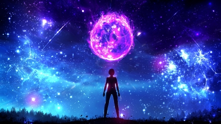 Burning world - anime, blue, silhouette, tagme, pink, manga, fantasy, tagem, ryky, purple, luminos