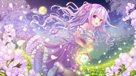 Spring night - pink, momo moyon, spring, moon, anime, girl, luna, manga