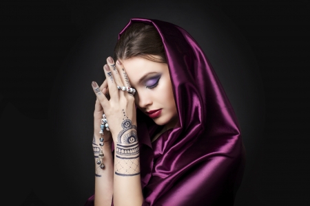 Beauty - tattoo, woman, purple, girl, pink, hand, black, model