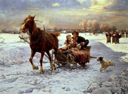 Winter Sunday - people, alfred von verush kowalski, winter, painting, art, horse, snow, dog, sleigh, pictura