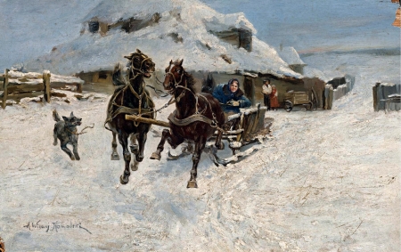 Winter - sleigh, winter, people, snow, dog, horse, Alfred von Verush Kowalski, pictura, painting, art