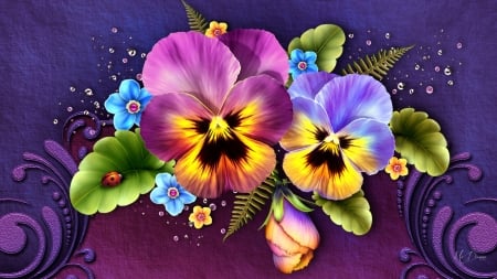 Breathless Beauty - faces, pansies, ladybug, floral, leaves, flowers, sparkles, firefox persona theme, ferns