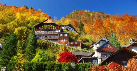 Hallstatt in autumn - slope, autumn, lake, sky, houses, landscape, mountain, trees, colorful, village, fall, forest, beautiful, hallstatt, austria