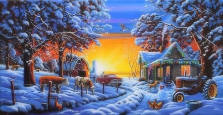 Countryside Christmas - xmas and new year, attractions in dreams, winter, pick up, cottages, christmas, tractor, love four seasons, holidays, snow, paintings, farms