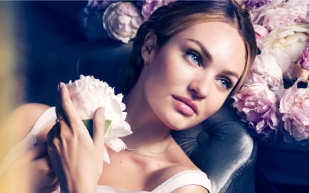 Candice Swanepoel - blue, girl, beauty, flower, pink, peony, hand, woman, model, Candice Swanepoel, face