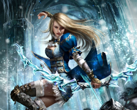 Laylanne - archer, blue, girl, blonde, anotherwanderer, fantasy, woman, laylanne, art, luminos