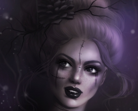 Witch - face, witch, purple, girl, sandramalie, portrait, fantasy