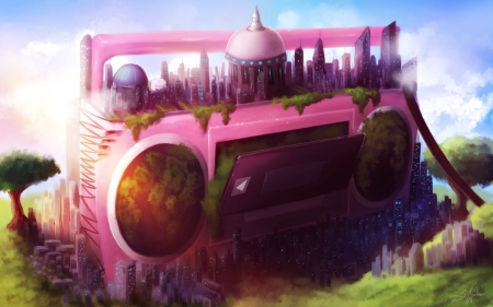 Boombox city - fantasy, boombox city, pink, sandramalie, luminos, art