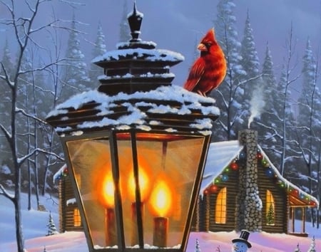 Cardinal Perch1 - bird, cardinal, winter, attractions in dreams, paintings, snow, holidays, xmas and new year, cottages, Christmas, love four seasons