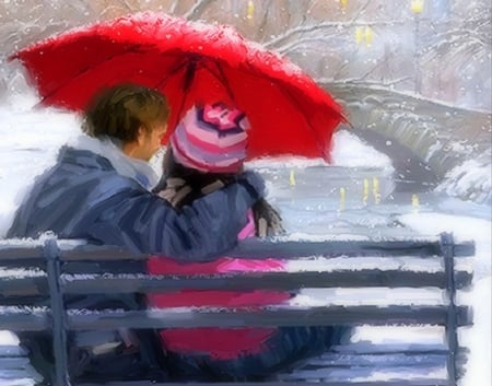 Couple on Bench - xmas and new year, couple, parks, winter, bench, christmas, love four seasons, holidays, lovers, romantic, snow, umbrella, paintings, bridges