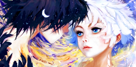 Kiss - moon, anime, hangmoon, feather, beauty, night, manga, fantasy, kiss, couple, day, luminos, luna