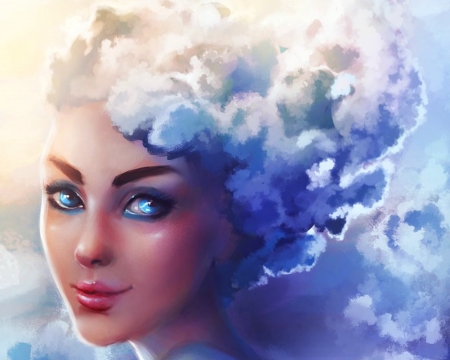 Cloudy summer - face, fantasy, sandramalie, cloudy summer, luminos, girl, blue