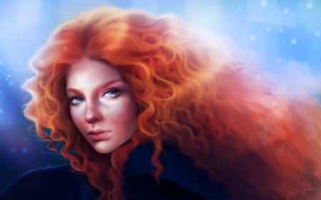 Merida - blue, portrait, merida, girl, sandramalie, fantasy, redhead, freckles, fanart, disney, art, luminos