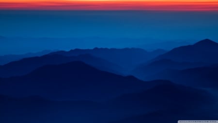 Blue Mountains Red Sky - nature, sky, japan, red, blue, fuji, mountains