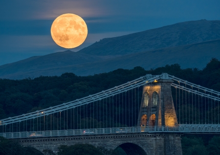 Supermoon over Menai Suspension Bridge - moon, night, hills, landscape