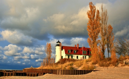 Lighthouse in Autumn - Autumn, Lighthouse, Sea, Beach