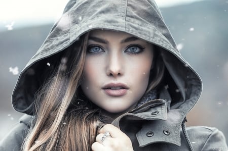 Beauty - alessandro di cicco, winter, woman, hood, model, girl, snow