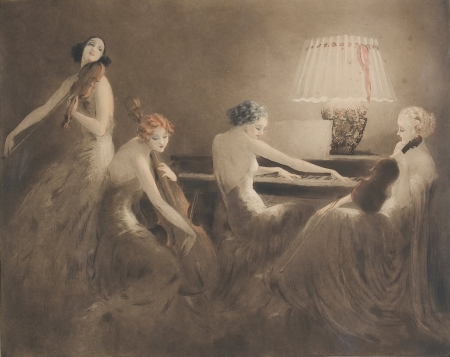 Cvartet - woman, girl, louis icart, instrument, cvartet, painting, art, draw, luminos, pictura