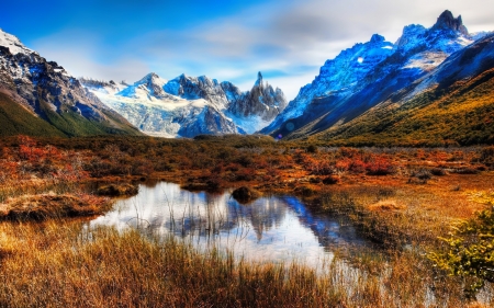 Between autumn and winter - hills, winter, pond, beautiful, landscape, reflection, mountain, fall, autumn, cliffs, lake, sky, rocks