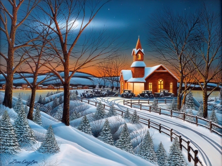 Evening service - winter, beautiful, evening, snow, scene, church, countryside, painting, service, cold, frost, art, cottage, sky