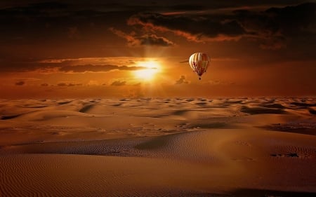 Air balloon in the desert - orange, air balloon, desert, sun