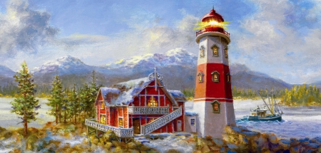 Lighthouse - wide screen, red, lighthouse, winter, beautiful, artwork, nicky boehme, art, white, architecture, pictura, seascape, scenery, painting