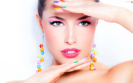 Beauty - face, pink, beauty, model, girl, lips, hand, woman, colorful