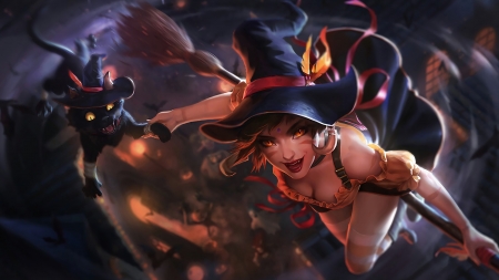 Nedalee - black, cat, game, girl, witch, fantasy, nedalee, league of legends, luminos