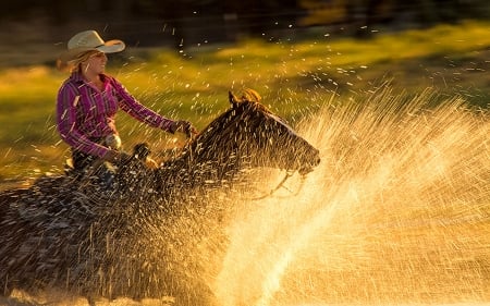 Big Splash Cowgirl.. - girls, women, style, fun, female, cowgirl, boots, hats, outdoors, western, horse, blondes, river, ranch, splash